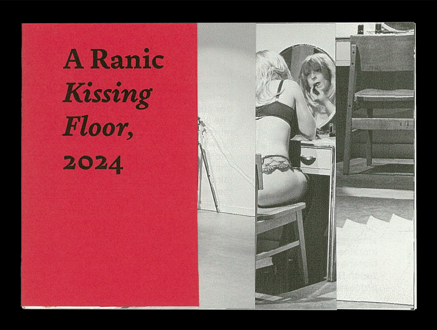 A Ranic Kissing Floor zine cover, featuring a black and white image of a drag woman applying lipstick in front of a mirror. The cover is red with black text.