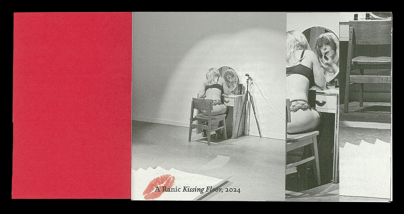 Inside cover of A Ranic Kissing Floor zine, featuring a black and white image of a drag woman applying lipstick in front of a mirror. The cover is red and the interior pages feature black text prinnted on cool grey paper.