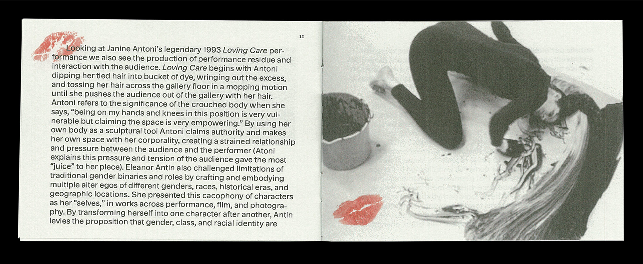 Fourth page of A Ranic Kissing Floor zine, featuring a black and white image of Janine Antoni's 1993 Loving Care performance on the right with a transparent red kiss. The left page features black text printed on cool grey paper with a transparent kiss in red printed over the text in the upper left of the page.