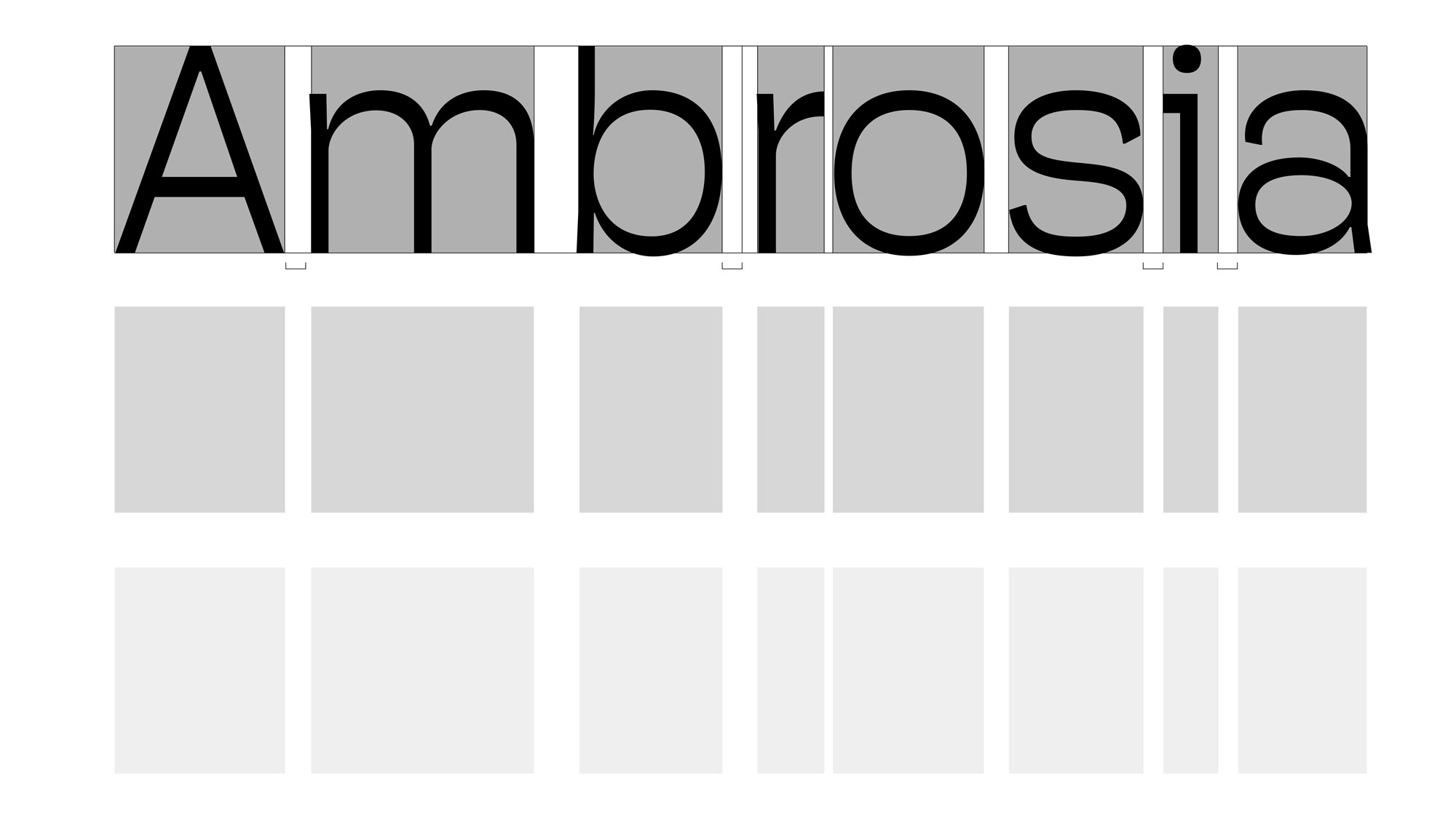 Ambrosia asset pack and identity guide featuring the kerning between letters in relation to glyphs that can replace them.