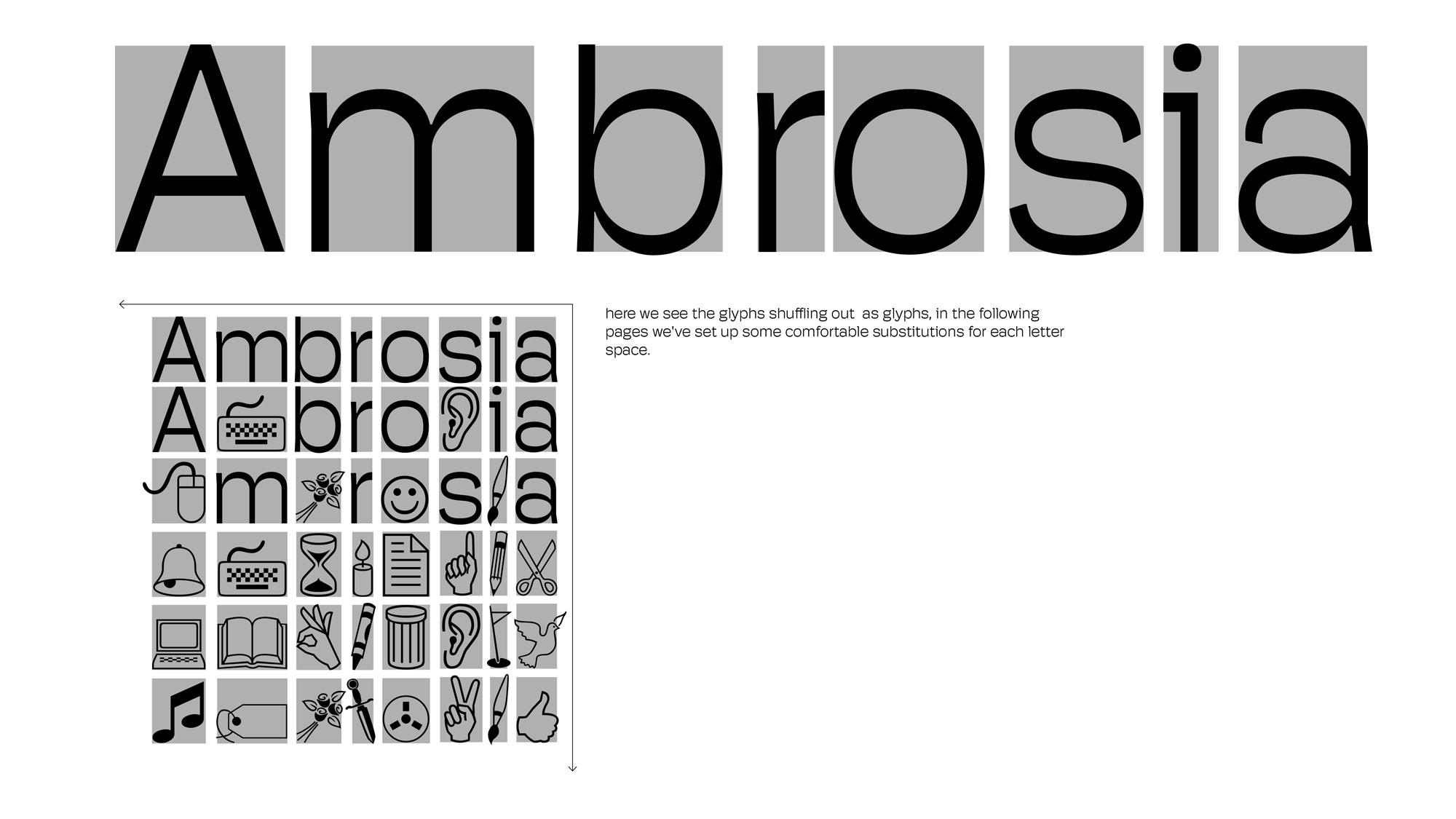 Ambrosia asset pack and identity guide featuring the kerning between letters in relation to glyphs that can replace them.