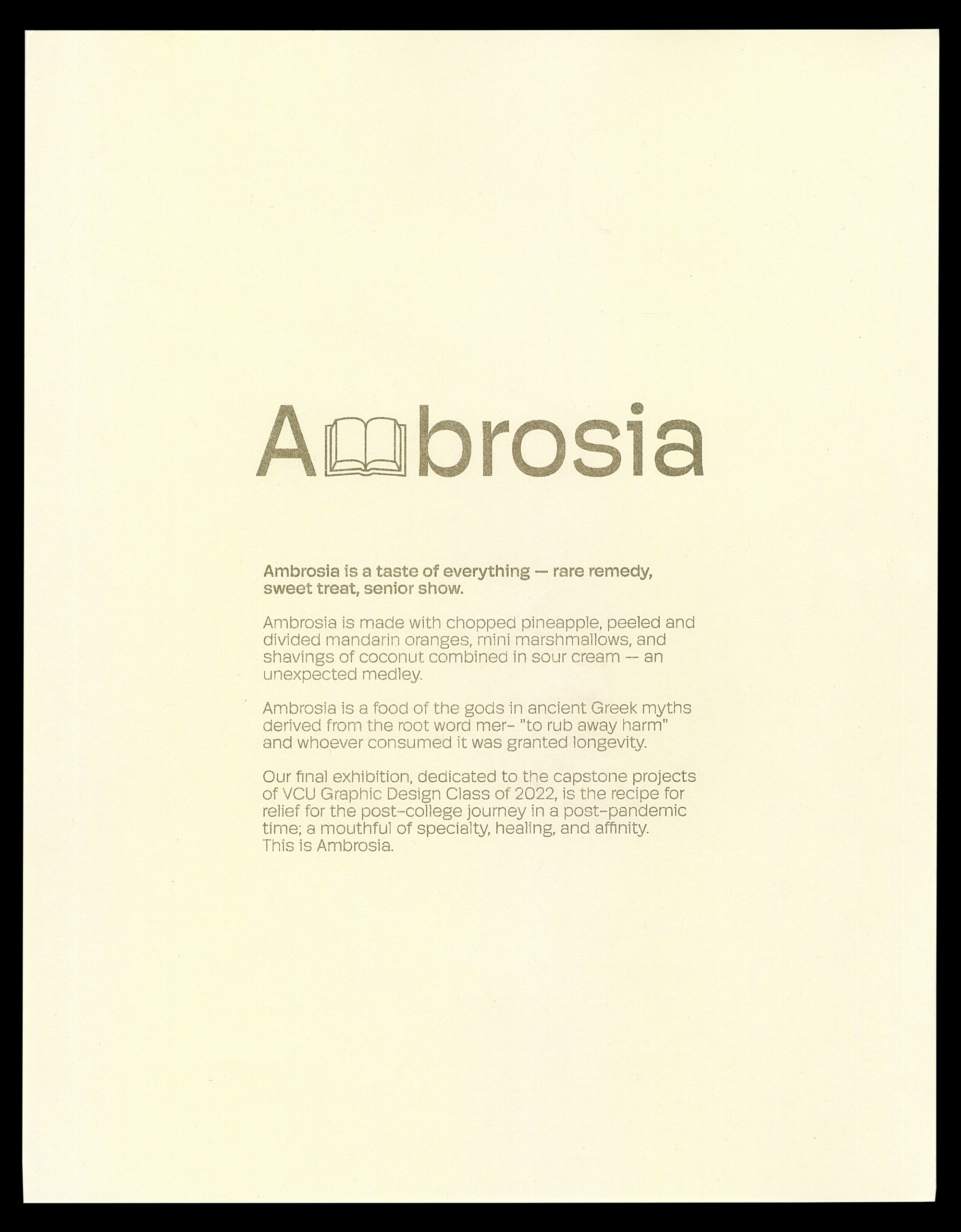 Inside front cover page of Ambrosia Graduate senior show publication, featuring a flat gold text that introduces the book and has a glyph of a book replacing the 'm' in the word ambrosia.