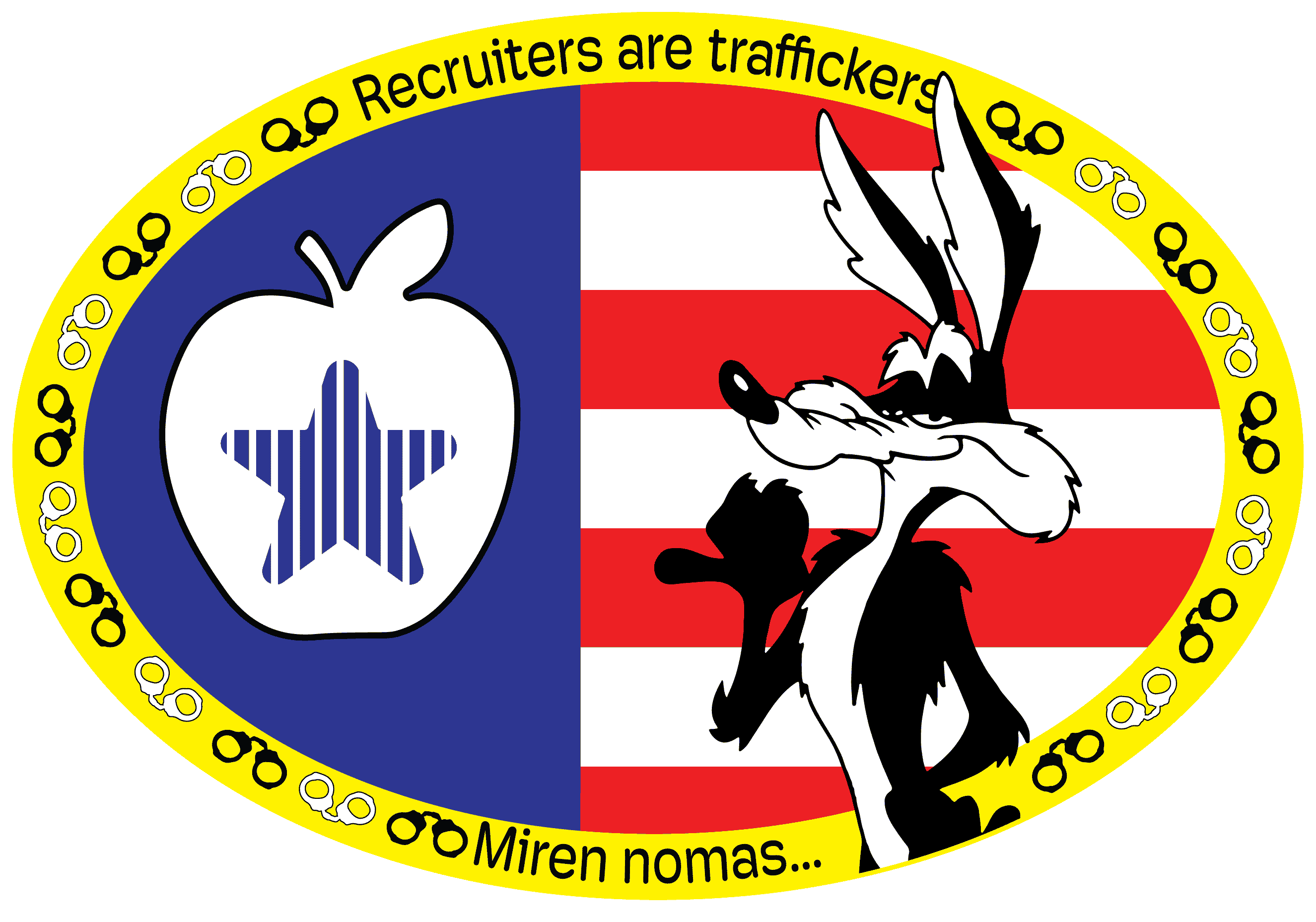 stickers depicting different themes, including labor rights, immigration, and social issues. The stickers feature characters from popular culture and informative text.