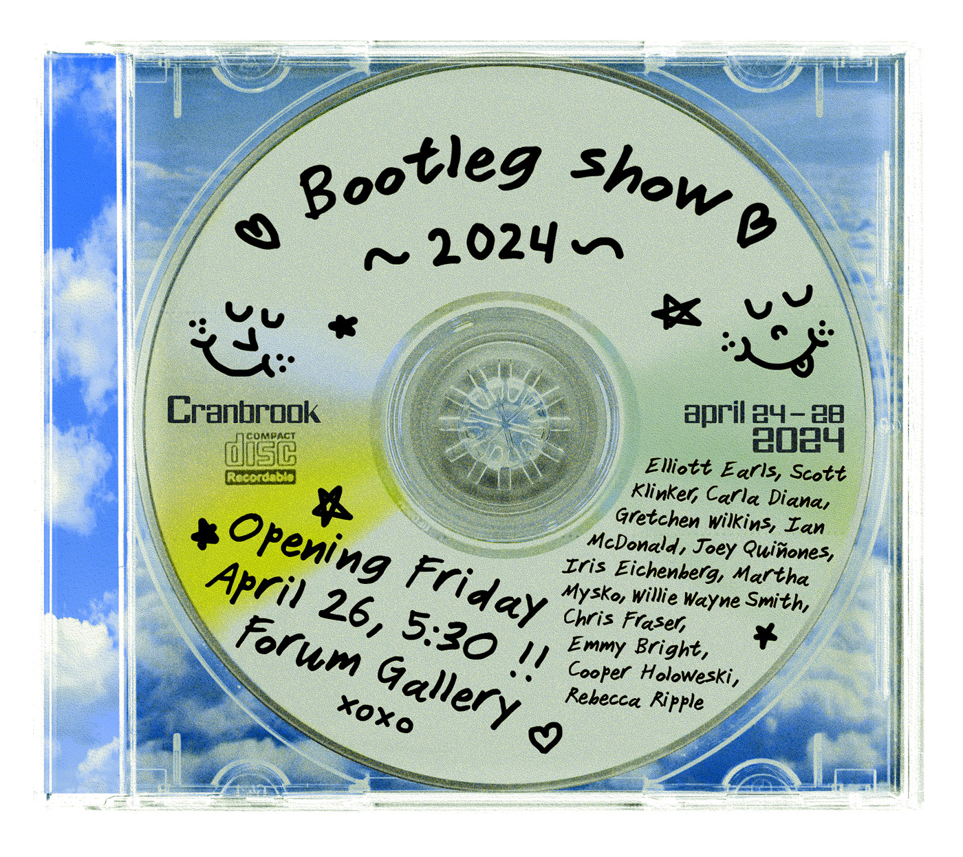 A poster in the form of a CD advertising a bootleg show featuring Elliott Earls, Scott Klinker, Carla Diana, and more. The poster is printed in blue, yellow, and black and includes the date, time, and location of the event.