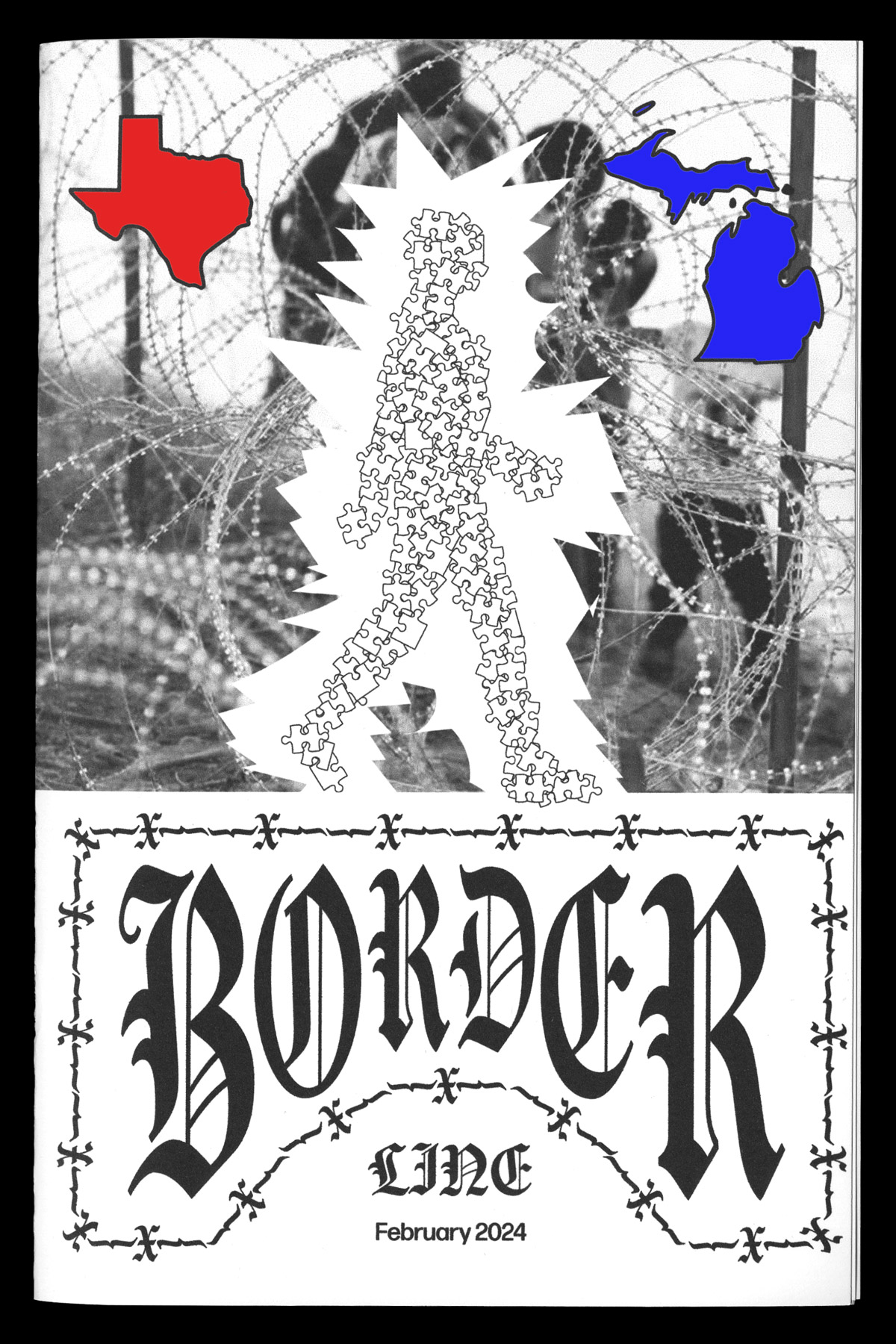 A zine cover titled 'Borderline' featuring a silhouette of a person made of puzzle pieces standing between the outlines of Texas and Michigan. Barbed wire borders the image.