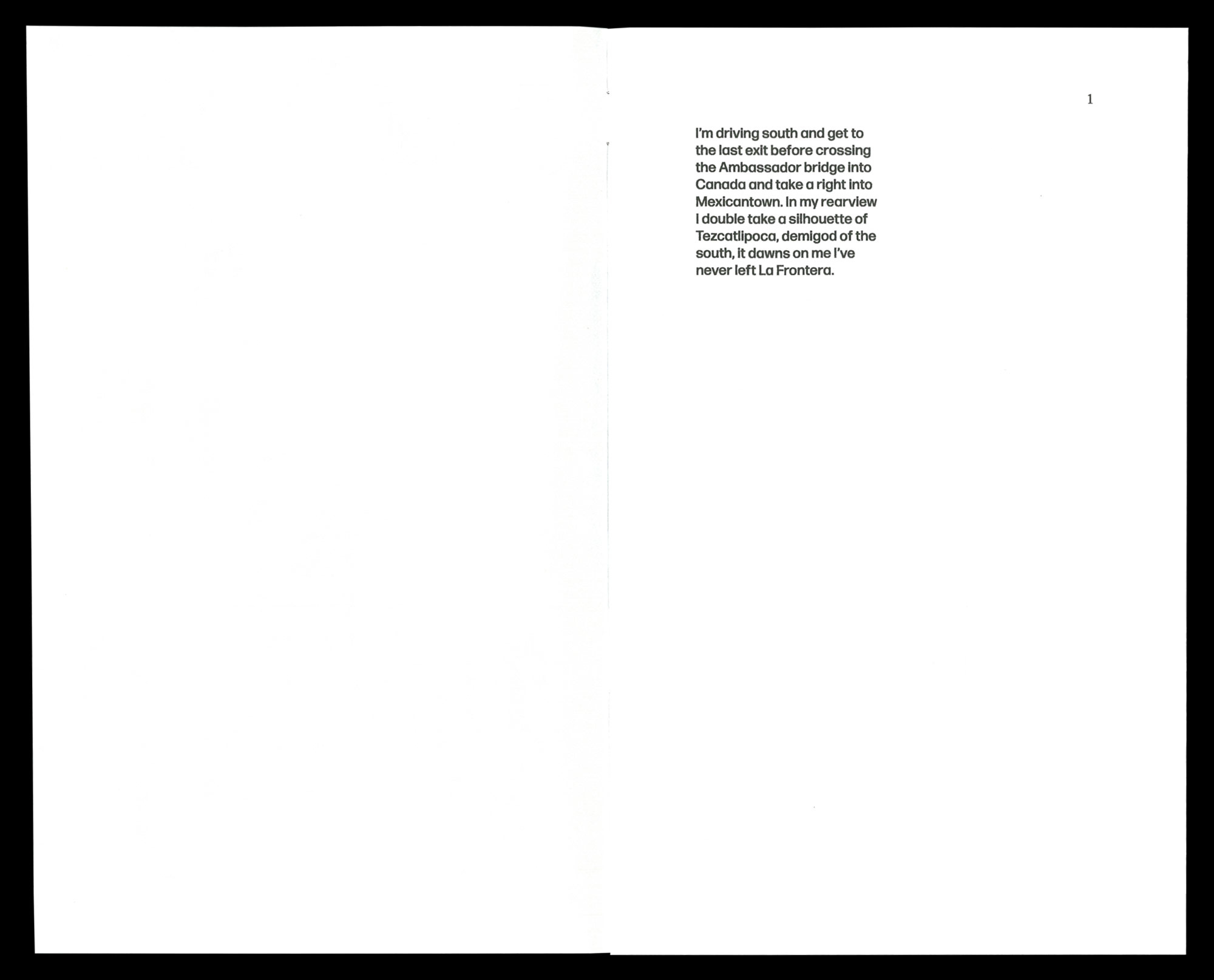 interior pages of a zine titled 'Borderline' featuring text in the upper left of the right page