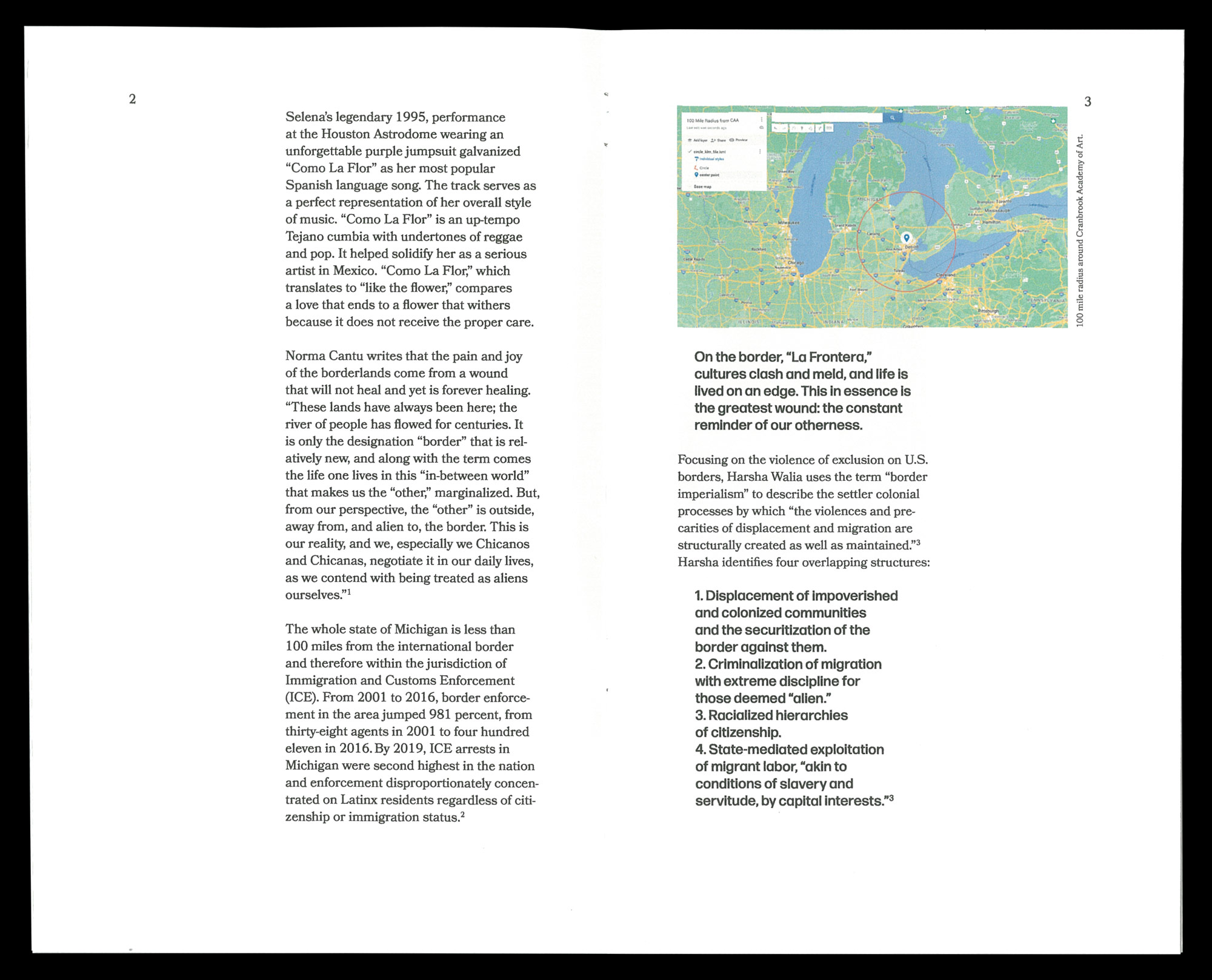 interior pages of a zine titled 'Borderline' featuring text centered towards the top of the left and right pages feturing a map of michigan on the right page