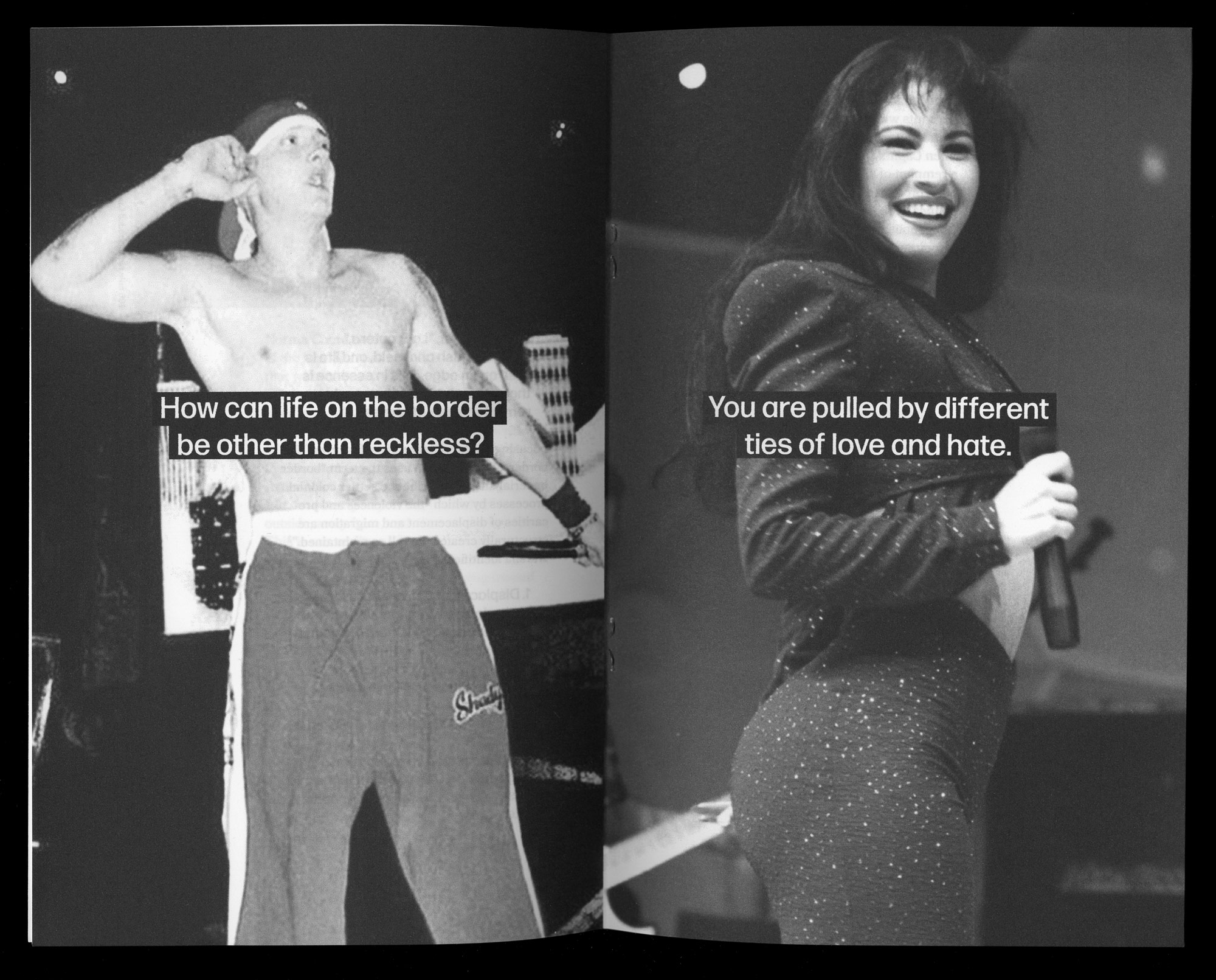 black and white open page spreads featuring an image of Eminem on the left and Selena Quintanilla on the right