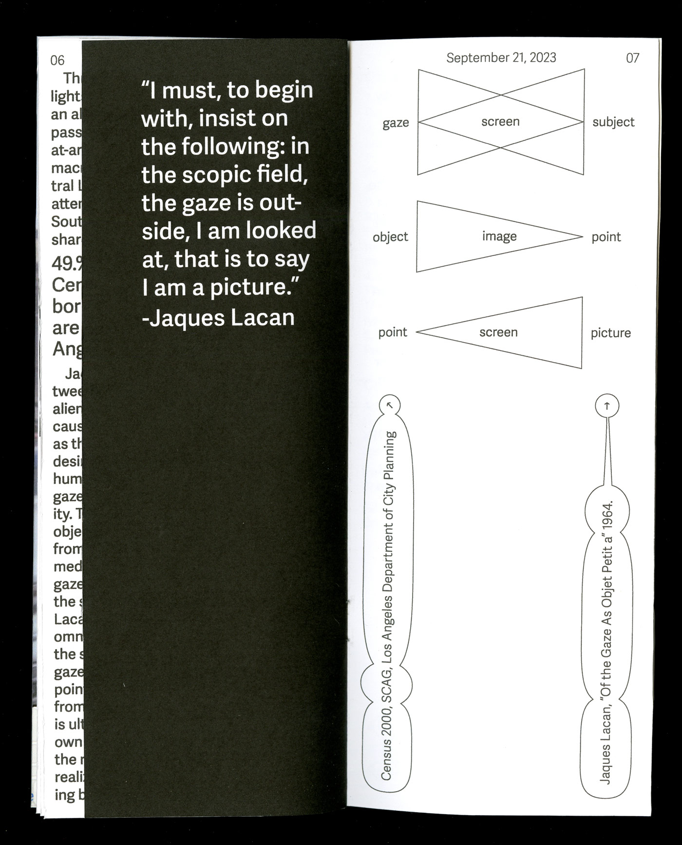 open spread of a zine of a critical review of Bori Jiang showing the shorter page inserts the left page shows a quote from Jaques Lcan and the right page shows a diagram of the gaze as objet petit a