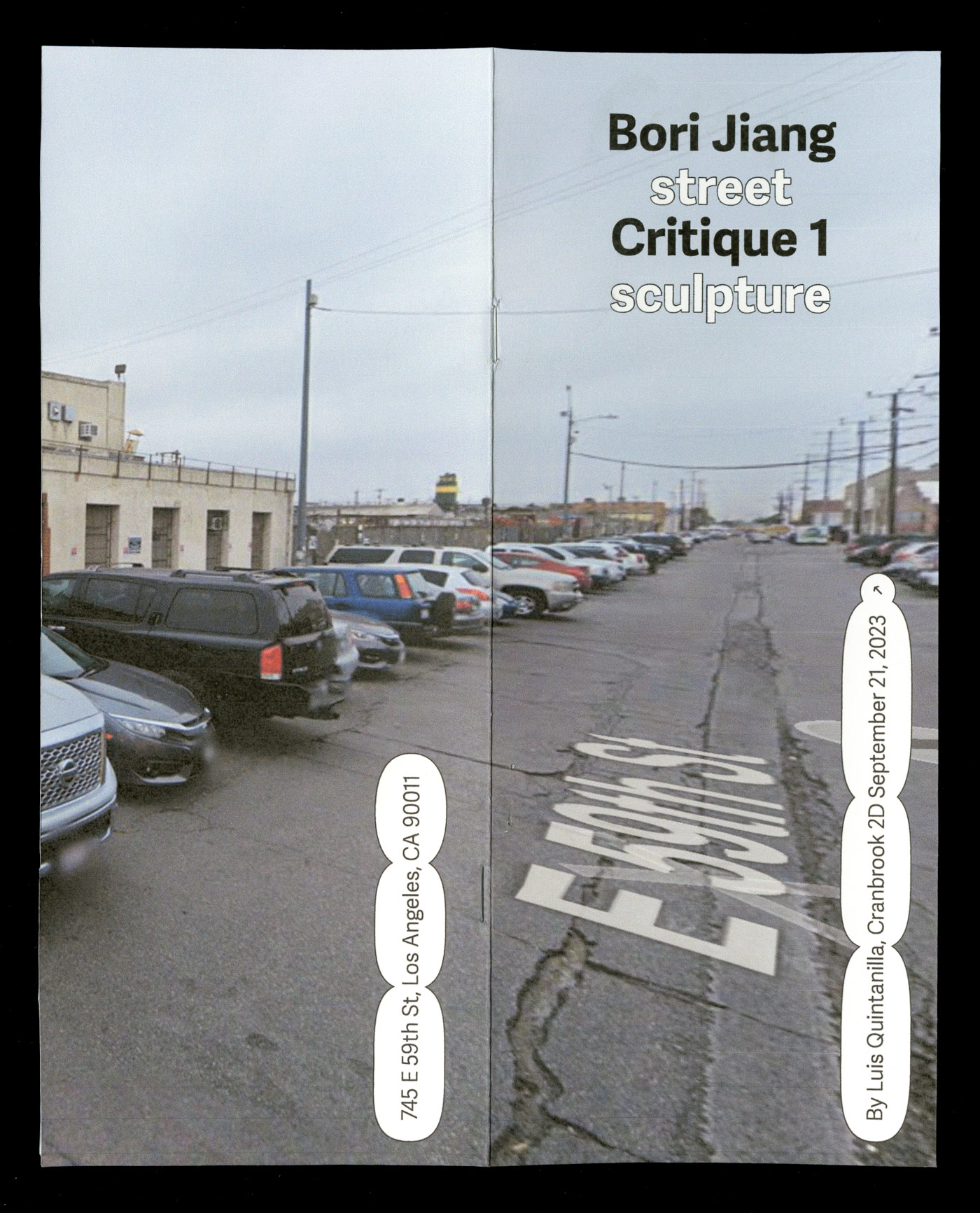 front and back cover of a zine of a critical review of Bori Jiang, cover features an image of a street in los angeles with the title centered towards the top in black and white