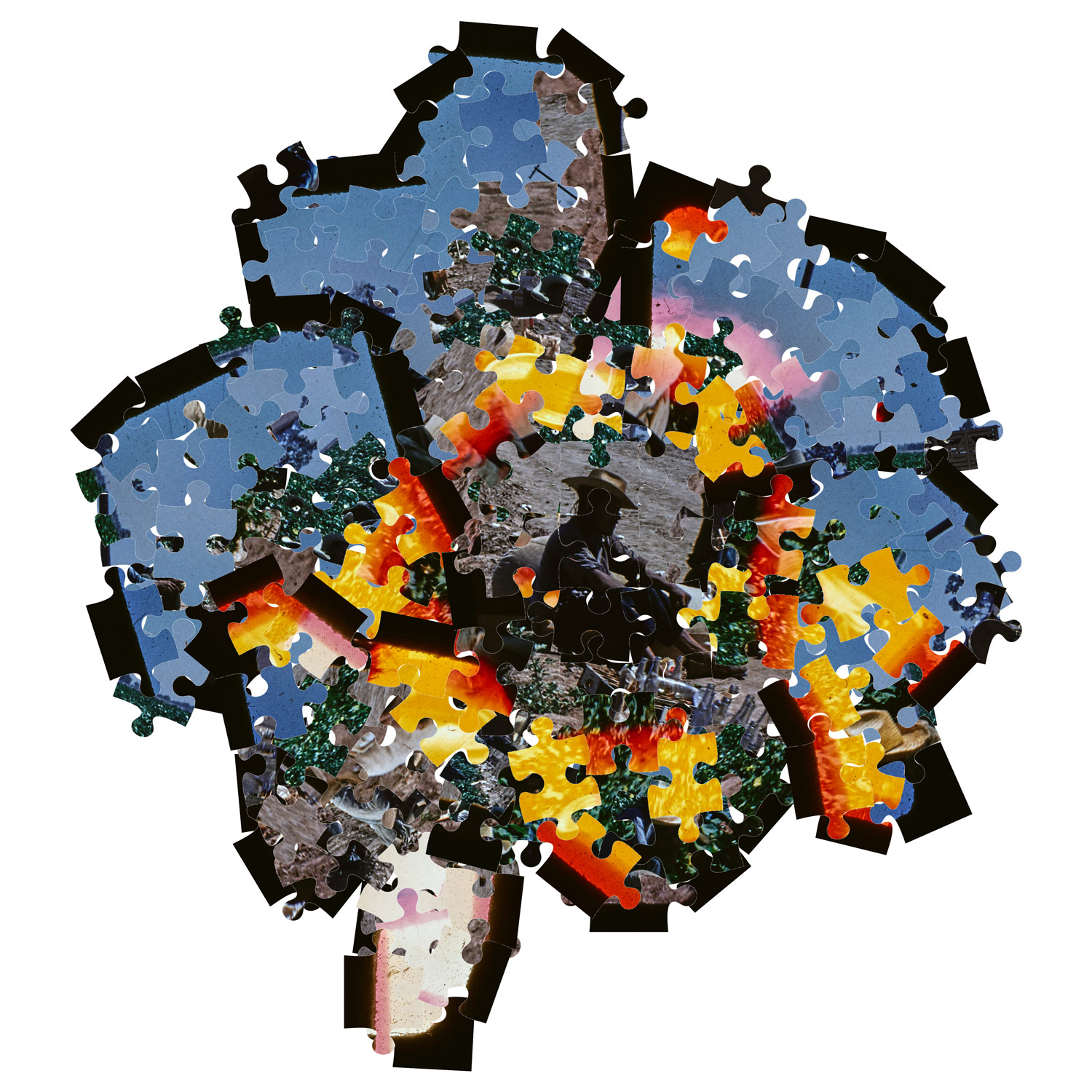 graphic illustration made of disassembled and reconstructed puzzles showing scenes of Bracero program workers in the shape of cacus flowers, at the center sits a man in a cowboy hat