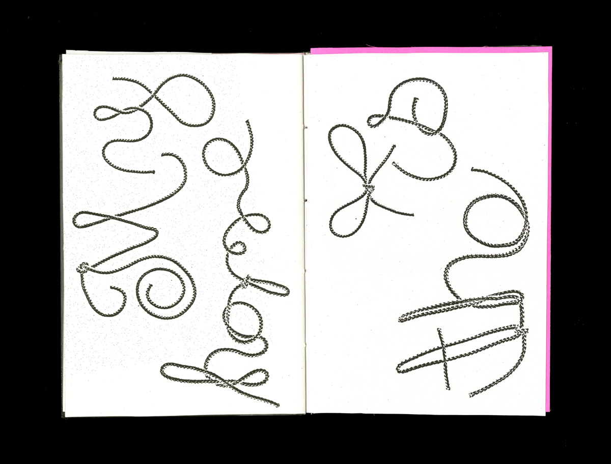 open book spread displaying the word 'my home' and 'the saddle' in a typeface made of rope on the left and right pages, respectively, on a white paper