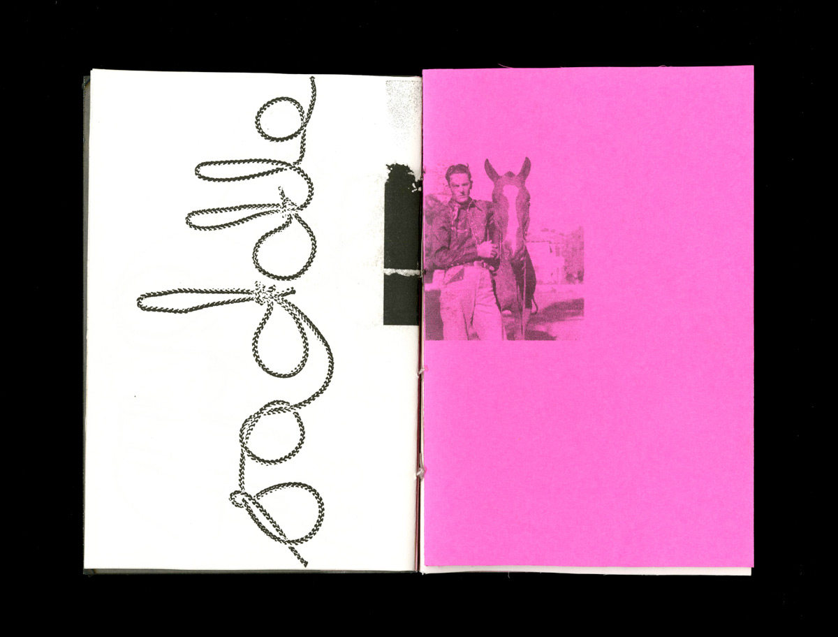 open book spread displaying the word 'saddle' in a typeface made of rope on the left and page on a white paper and a half portrait of a man and a horse on the right page on a hot pink paper