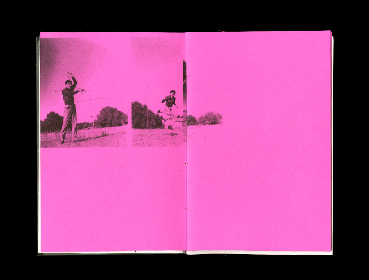 open book spread displaying a black and white image of man jumping through a lasso on the left page on a hot pink paper