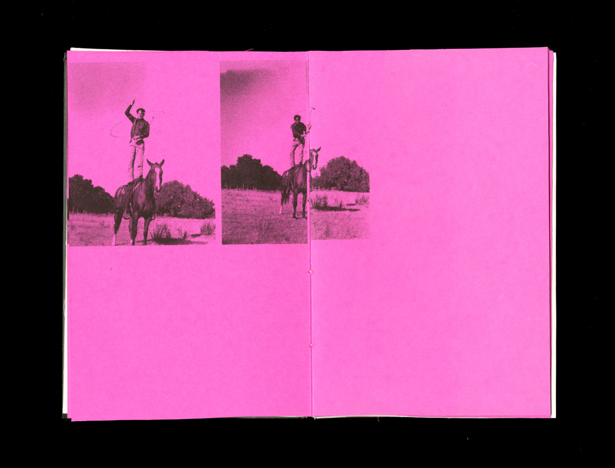 open book spread displaying a black and white image of man spinning a lasso on a horse on the left page and on a hot pink paper