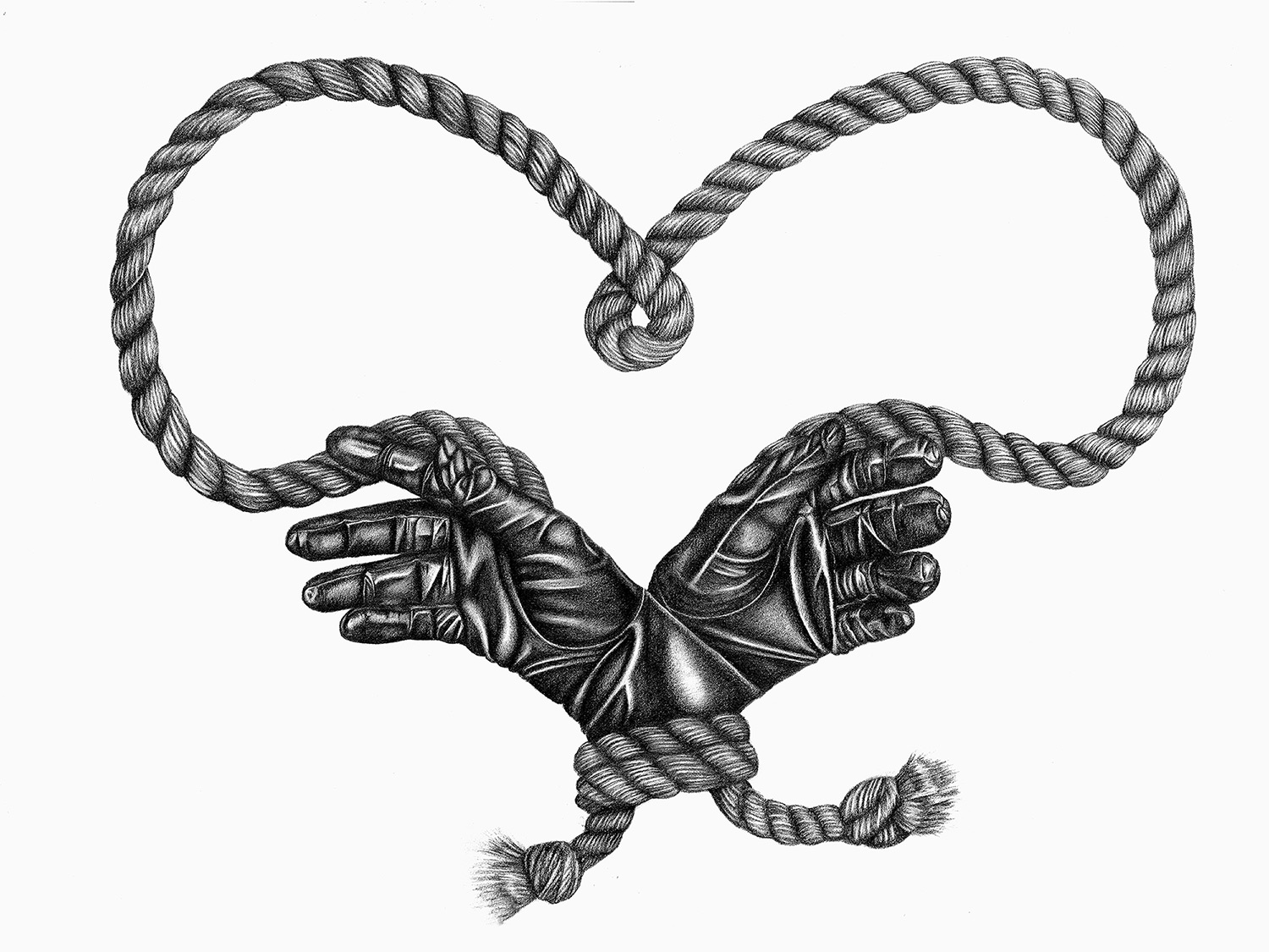 Graphite illustration of two gloves crossed and tied by a rope creating a heart