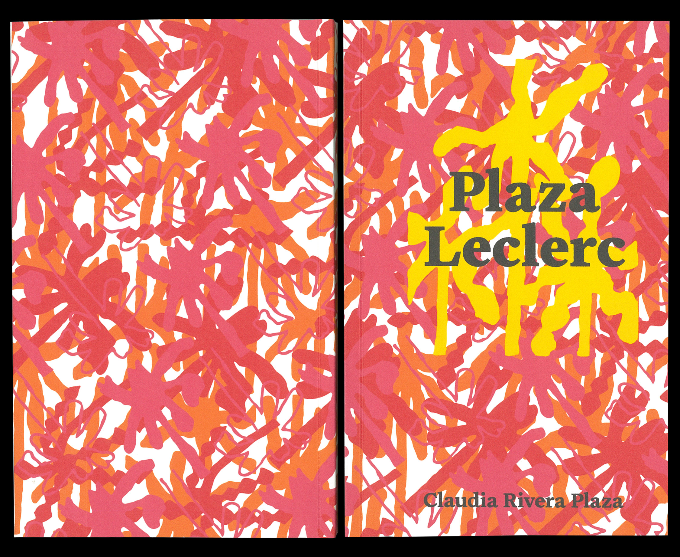 scanned front and back cover of Plaza Leclerc Artist Book for Claudia Rivera Plaza showing a camo like pattern made of palm trees in red, pink, and orange  with a black tittle in the center of the book cover